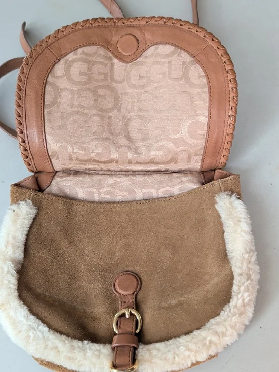 UGG Tan Suede Crossbody with Floral Embroidery Wool Trim Roomy Chic Lightweight - Picture 4 of 13